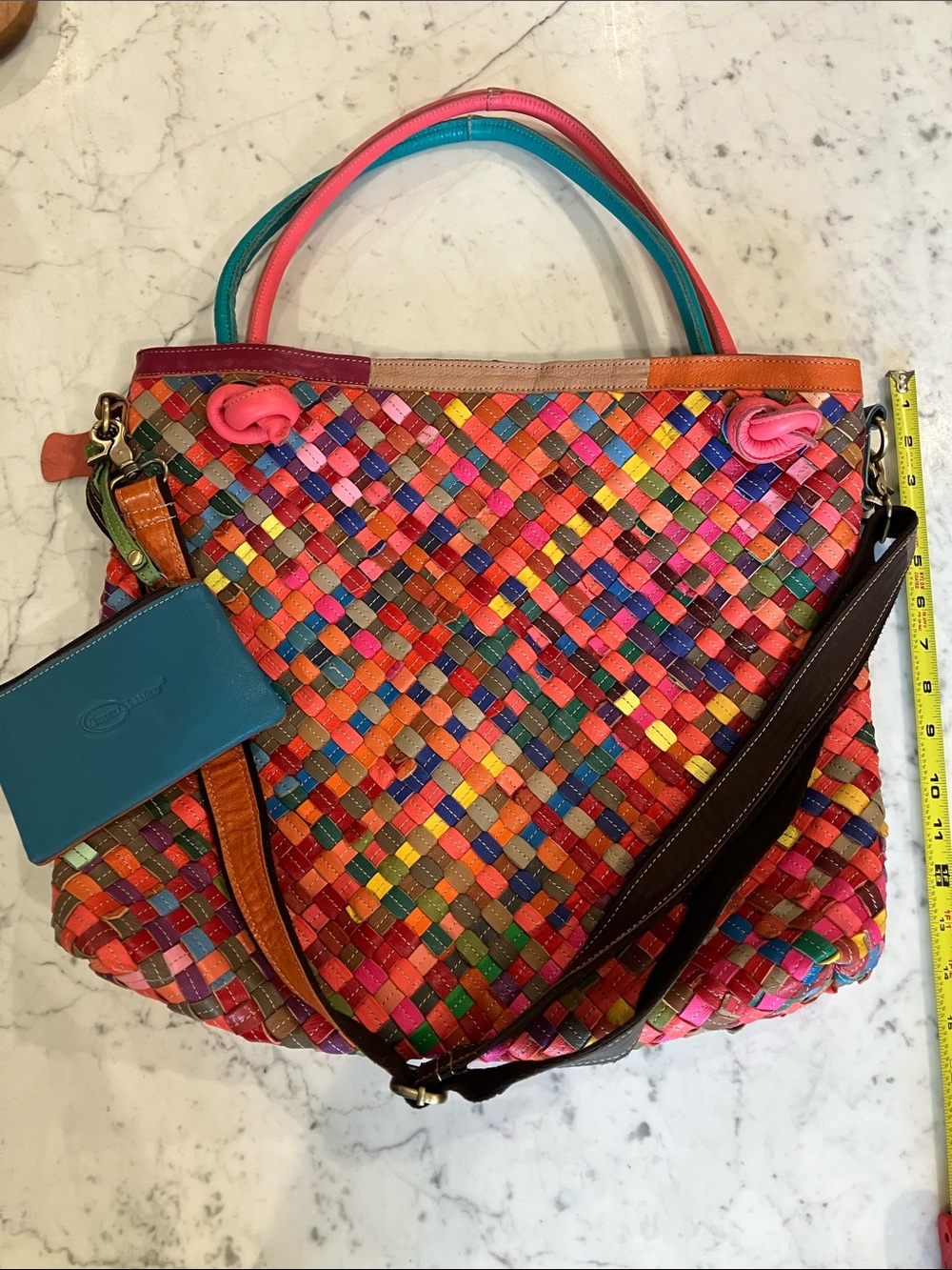 Multicolor Woven Leather Tote Bag - Bright Pink, Orange & Blue